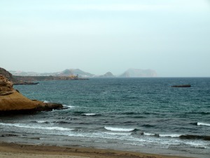 Vista desde Playa de la Carolina de la Baha de guilas y el conjunto de islotes hasta Cabo Cope al fondo 