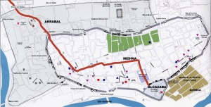 Recorrido de la comitiva real representado sobre un plano de Murcia del siglo XII, en poca musulmana. En tiempos de los Reyes Catlicos la ciudad conservaba casi intacto el trazado musulmn