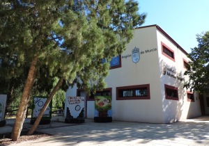 Edificio del Aula de Naturaleza y Arboretum de El Valle. A la izquierda �rbol singular de cipr�s de Cartagena (Tetraclinis articulata)