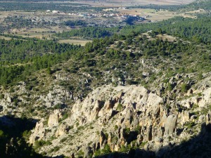 Vista panormica del Barranco del Cantalar y sus singulares pinculos dolomticos. Al fondo la pedana del Calar de la Santa, sobre una plataforma de areniscas marinas del Mioceno