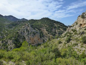 Encajamiento del Arroyo Blanco gracias a una falla perpendicular al cabalgamiento calizo del estrecho de Fuentes Grandes. A la derecha rocas rojizas de un abanico aluvial, Cerro de Cantalobos