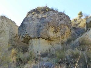 Bloque de travertino que recuerda a un champin producido en un extinto manantial en el contacto de rocas detrticas con las margas inferiores