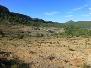 Panormica del valle de Hondares con sus dos cortijos homnimos.  En primer plano lutitas rojas de principios del Mioceno.  
