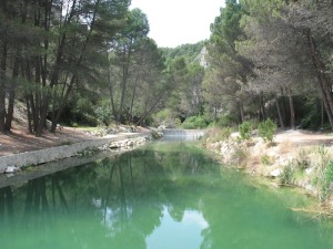 Vista  de la pequea presa que embalsa el agua del ro Alhrabe en el camping de La Puerta 