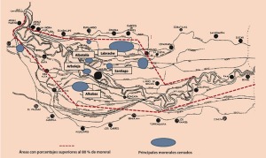 La seda. Distribucin del moreral de la Huerta de Murcia en el siglo XVIII, sobre un plano de R. Pocklington