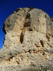 Detalle de los dos tipos estratos que sustentan al castillo de Benizar. Brechas en la base areniscas con fragmentos de fsiles marinos a techo