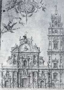 Imafronte - Dibujo de la fachada y la torre de la catedral 1897.