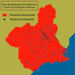 reas de distribucin del Carbonero comn (Parus major) en la Regin de Murcia.
