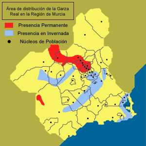 Áreas de distribución de la Garza real (Ardea cinerea) en la Región de Murcia.