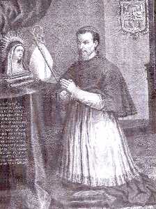 El obispo Luis Belluga orando ante la Virgen