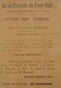Anuncio de un partido de 1918 entre el Deportivo Aguileo y un equipo de un barco ingls