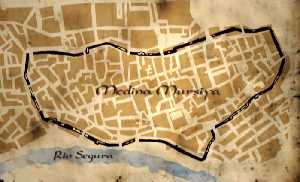 Plano de la ciudad medieval de Medina Mursiya, situada a orillas del ro Segura