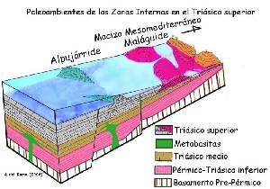 Figura 8: Reconstrucción paleoambiental del Triásico superior de las Zonas Internas de la Cordillera Bética.
