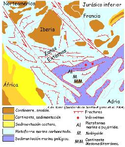 Figura 1: Reconstrucción paleogeográfica del Mediterráneo occidental durante el Jurásico inferior, basada en la modificación de Martín-Algarra et al. (2004) de Ziegler (1988). En Vera, J. A. (2004).
