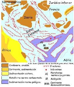 Figura 1: Reconstruccin paleogeogrfica del Mediterrneo occidental durante el Jursico inferior, basada en la modificacin de Martn-Algarra et al. (2004) de Ziegler (1988). En Vera, J. A. (2004).