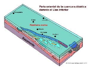 Figura 3: Reconstrucción paleoambiental durante el Lías inferior (Jurásico inferior) de la cuenca Subbética, basada en Nieto (1997).