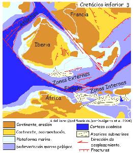 Figura 5: Reconstruccin paleogeogrfica del Mediterrneo occidental a finales del Cretcico inferior, basada en la modificacin de Martn-Algarra et al. (2004) de Ziegler (1988).En Vera, J. A. (2004)