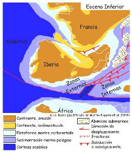Figura 1: Reconstrucción paleogeográfica del Mediterráneo occidental durante el Eoceno medio, basada en la modificación de Martín-Algarra et al. (2004) de Ziegler (1988). En Vera, J. A. (2004)