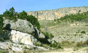Los ríos procedentes de la Meseta depositaban areniscas silíceas (en color blanco) en muchas zonas del noroeste de Murcia durante el Eoceno (barranco de Hondares, Moratalla)