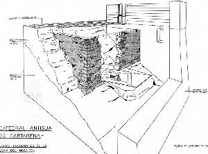 Corte donde se observa el mosaico y el muro durante la excavacin de San Martn 